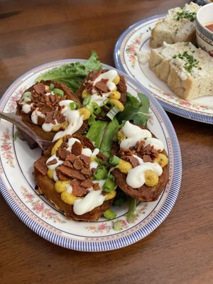 potato skins appetizer (focaccia appetizer in the background)  at DC Vegan in Washington