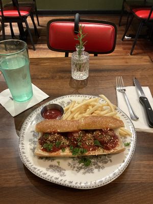 Meatball sandwich with fries  at DC Vegan in Washington