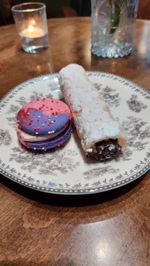 Raspberry caramel macaroon and chocolate chip cannoli at DC Vegan in Washington
