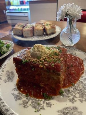 Lasagna and focaccia   at DC Vegan in Washington