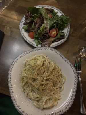 cacio e pepe & side salad  at DC Vegan in Washington