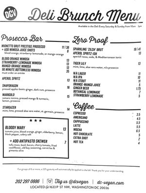 Brunch beverage menu at DC Vegan in Washington