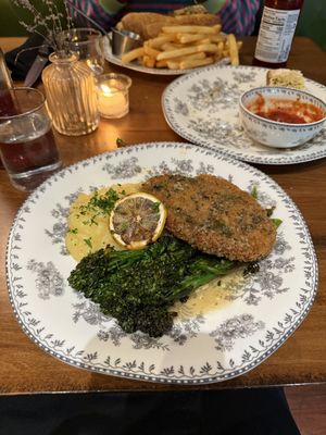 Chicken piccata with potato puree and broccolini  at DC Vegan in Washington