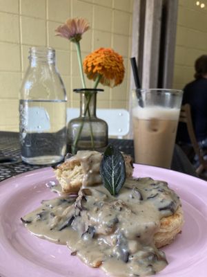 Biscuits and gravy, chai latte  at Acorn Community Cafe in Eugene