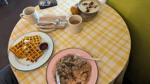Pumpkin Waffles, Biscuits and Gravy, Potato and Leek Soup. at Acorn Community Cafe in Eugene