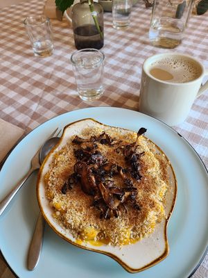 Pasta gratin with mushrooms and a vanilla au lait to drink. Fabulous. at Acorn Community Cafe in Eugene