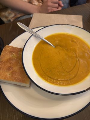 Carrot soup plus foccacia  at Acorn Community Cafe in Eugene