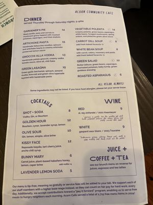 Menu  at Acorn Community Cafe in Eugene