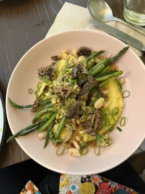 Polenta with wild morels—SO GOOD   at Acorn Community Cafe in Eugene