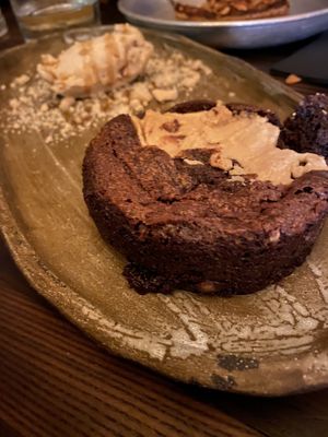 Brownie with cardamom coconut ice cream at Fat Veggies in Barcelona