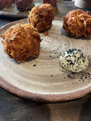 Croquetas de temporada (pimientos) con salsa de raifort  at Fat Veggies in Barcelona