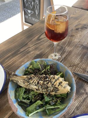 Tahini eggplant and vermut  at Fat Veggies in Barcelona