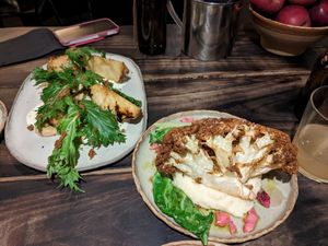 Celeriac to the left, Cauliflower Cauliflower and White Chocolate on the right at Fat Veggies in Barcelona