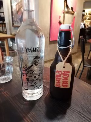 Water and Arnold Palmer (tea with lemonade) at Fat Veggies in Barcelona