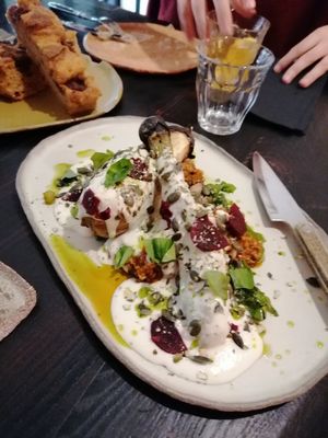 Umami eggplant dish (blurry, sorry) at Fat Veggies in Barcelona