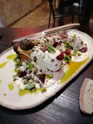 Umami eggplant dish (blurry, sorry) at Fat Veggies in Barcelona