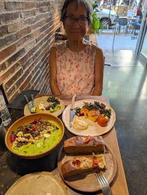 Polenta, green curry, and focaccia at Fat Veggies in Barcelona