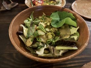 4 ravioli under some salad  at Fat Veggies in Barcelona