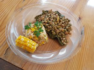 Beans with kale, mixed rice and corn at Coisinhas Vegan in Mindelo