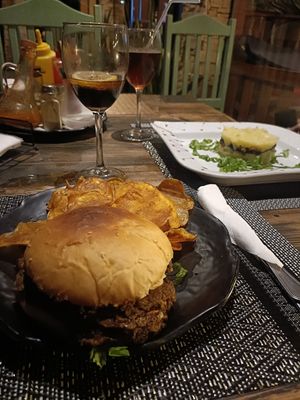 Vegan burger and manioc dish at Osteria n.3 in Praia