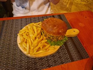 Lentil burger and fries at Osteria n.3 in Praia