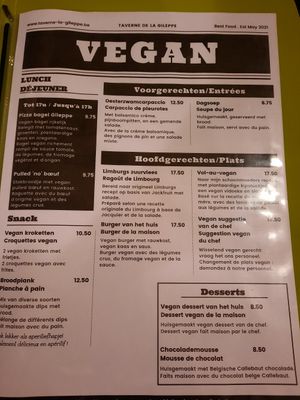 Vegan menu at Taverne La Gileppe in Jalhay