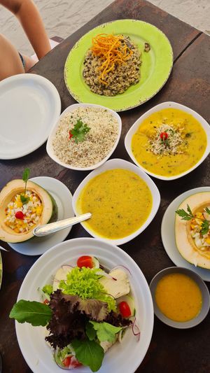 Ceviche, arroz com coco, pirão, moqueca de banana da terra, risoto de cogumelos e salada, tudo vegano. at Bora Bora in Tamandare