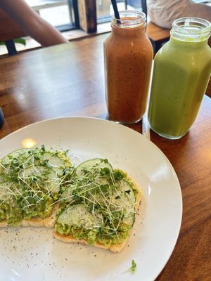 2 slices of avocado toast ($12$, Roger smoothie ($12), and Matcha Mama smoothie ($12)  at Power Plant Juice Bar in Centerville