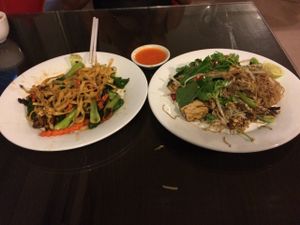 An example of two noodle dishes from the menu at Evergreen Vegetarian - Phsar Chas in Phnom Penh