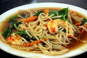 Noodles with mock seafood like mock prawns.  at Evergreen Vegetarian - Phsar Chas in Phnom Penh
