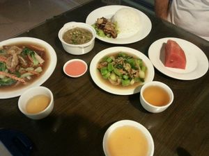 noodle with seitan on the left. set  menu  on the  right  at Evergreen Vegetarian - Phsar Chas in Phnom Penh