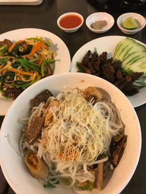Monday daily special, yellow noodles and fried mushrooms  at Evergreen Vegetarian - Phsar Chas in Phnom Penh