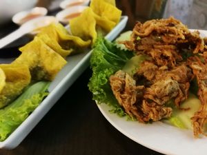 Fried Mushroom Dumplings & Fried Chicken Nuggets at Evergreen Vegetarian - Phsar Chas in Phnom Penh