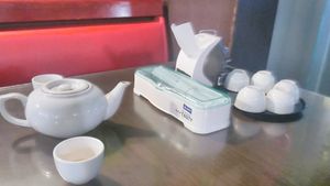 Before you order, they serve tea (: at Evergreen Vegetarian - Phsar Chas in Phnom Penh