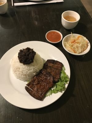 Veggie bbq pork with rice  at Evergreen Vegetarian - Phsar Chas in Phnom Penh