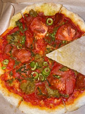 V-Galore, Vegan pizza. The pepperoni was good but it would be better if they offered vegan cheese... $25 medium pizza, isn’t worth unless you’re starving   at Fox and Lion Bread in San Francisco