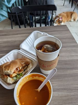 Crispy tofu sandwich and tomato chickpea soup (and cute dog) at Cafe Pyrus in Kitchener