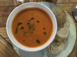 Soup of the day with homedame bread at Intz48 Coffee Roasters Azores in Sao Miguel