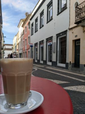 Soy milk latte with a view at Intz48 Coffee Roasters Azores in Sao Miguel