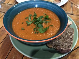 Roasted vegetables soup with homemade bread   at Intz48 Coffee Roasters Azores in Sao Miguel