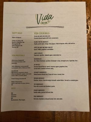 Drink menu as of 2021-06-11 at Vida Cantina SF in San Francisco