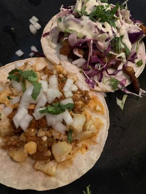 Cauliflower chorizo and mushroom tacos at Vida Cantina SF in San Francisco