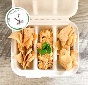 Buffalo "Chicken" dip w/ corn tortilla chips  at M I Vegan Food Truck in Lansing