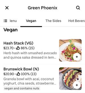 Vegan options as of June 2024- no menu on their website so had to refer to UberEats.   at Green Phoenix in Brunswick