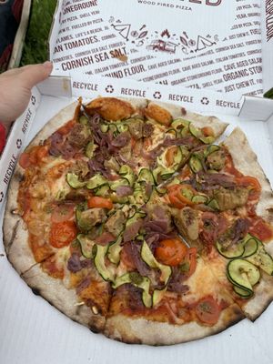 Vegan summer veggie with added vegan sausage   at Stoned Pizza in Woolacombe