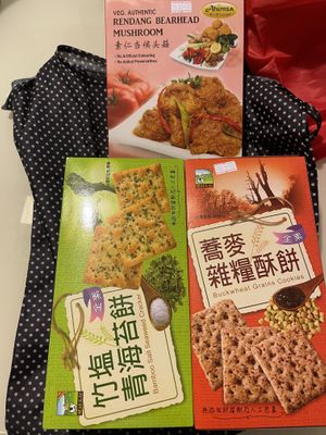 Biscuits, rendang bearhead mushroom at Flygod Vegetarian and Organic Mart in East Singapore