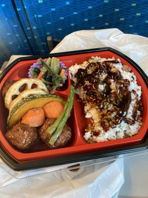 Bento with soy meatballs and red miso.  at Bellmart in Nagoya