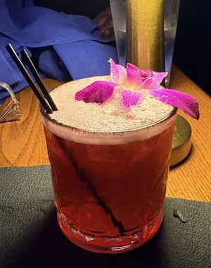 Hibiscus margarita, quite good. I also had the mango mojito, which was not as pretty but tastes great    at The Russell in Hartford