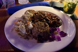 Soy chunks! I was expecting a stew, but it was not at all soupy, and came with generous sides of rice and cabbage    at The Russell in Hartford