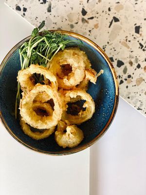 Tempura onion rings at Vegan Sushi Bar in Warsaw